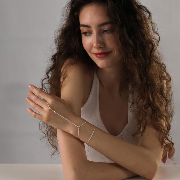 Silver Dainty Plated Stackable Link Chain Ring Bracelet Hand Chain for Women - Picture 3 of 7